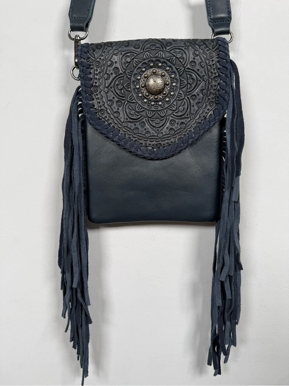Montana West Navy Blue Genuine Leather Hand Tooled Mandala Fringe Crossbody Bag